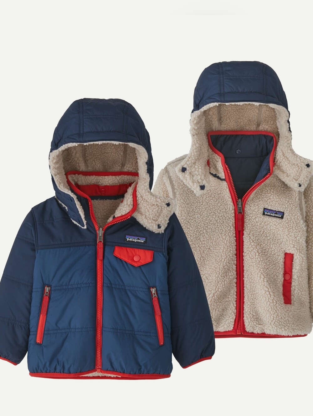 Patagonia Kids Reversible Tribbles Hooded Puffer Jacket - Navy & Cream | 2T